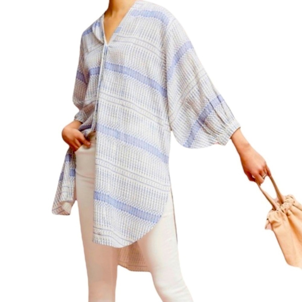 Anthropologie Button Up Oversized Tunic Cover Up Puffy Sleeve Light Blue Size S